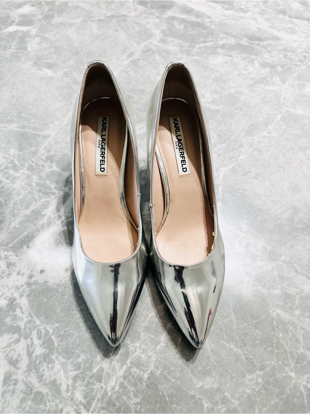 Karl Lagerfeld Paris Silver Metallic Pointed Toe Pumps Heels Women’s SZ 8.5